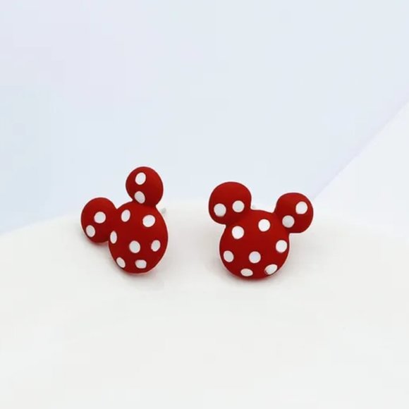 Cute Red & White Polka Dot Disney Mickey Mouse Head Ears Stud Earrings NEW - Picture 1 of 5